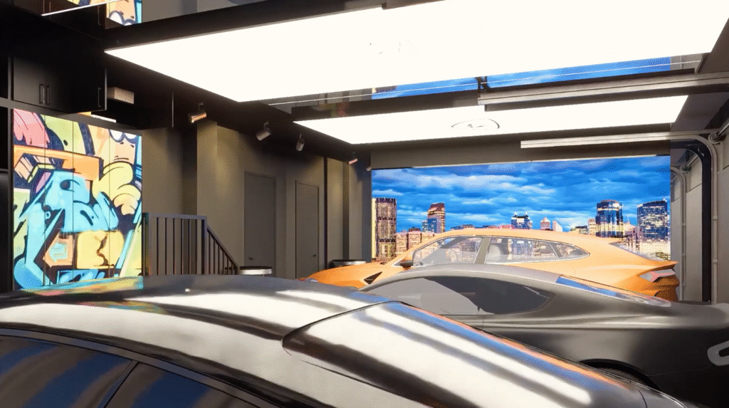 stretch ceiling in Calgary garage, RGB garage ceiling lighting, acoustic wall in home garage